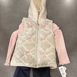 Kids 3 Piece Set Hooded Vest with Pink Bows Bejeweled Wide Leg Jean Leggings